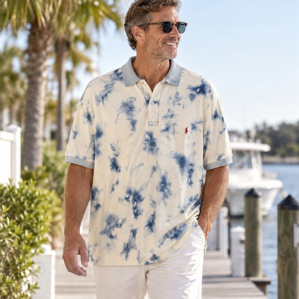 Polo Ralph Lauren Men 2XLT Tall Tie Dye Polo Shirt Blue White Cotton Pony Logo